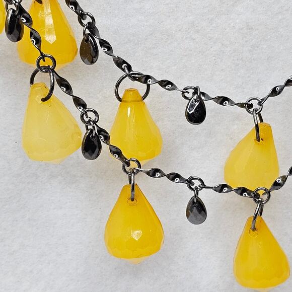 Yellow Statement Necklace Faceted Lemon Drop Dangle Charm Layered Gunmetal Chain - Picture 5 of 7